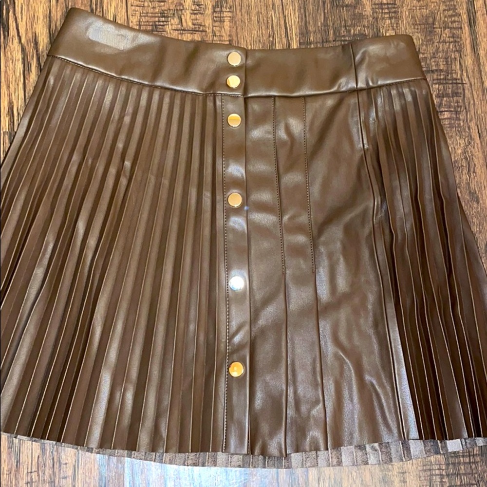 Zara faux Leather Brown Pleat Gold Button Skirt